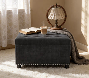 English Elm Storage Ottoman Tufted Nailhead Trim Lift Top Footstool for Living Room or Bedroom Black W5568P447086
