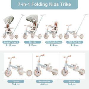 English Elm 7 in 1 Convertible Toddler Trike Aluminum Foldable Push Bike with Canopy for Ages 1 to 6 Blue N726P248345C
