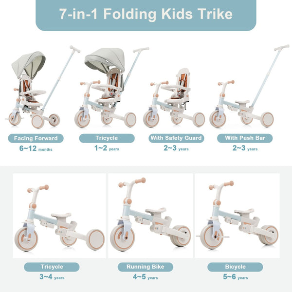 English Elm 7 in 1 Convertible Toddler Trike Aluminum Foldable Push Bike with Canopy for Ages 1 to 6 Blue N726P248345C