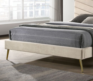 English Elm Mid-century Chevron Tufted Headboard Full Bed with Gold-Plated Legs, Flannelette Upholstery, Art Deco Flair Beige 80 L x 11 W x 10 H B011S00900