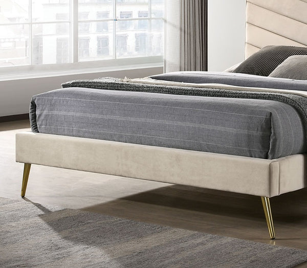 English Elm Mid-century Chevron Tufted Queen Bed with Gold-Plated Legs, Soft Flannelette Upholstery, Glam Art Deco Appeal Beige 79 L x 38 W x 5 H B011S00898