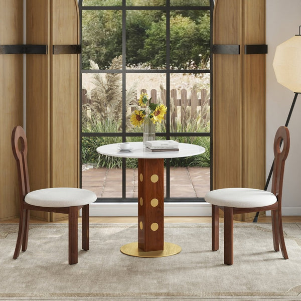 English Elm Modern Round Dining Table - 33.5" Sintered Stone Top With Wooden Legs & Gold Base For Small Spaces P1 W1535S00584-GIGA