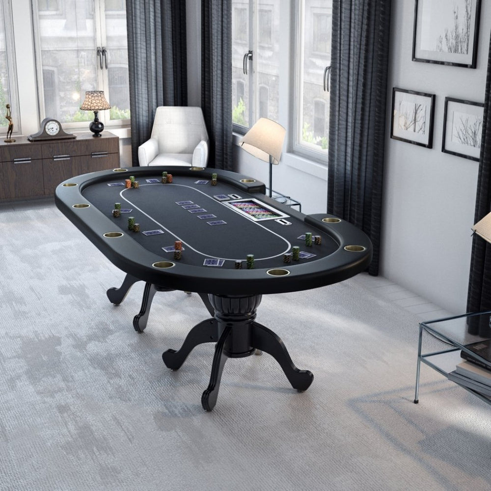 English Elm 96" Oval Poker Table Seats 10 with Waterproof Felt Padded Rail and Dealer Station Black W2748S00027