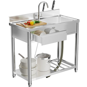 English Elm 304 Stainless Steel Freestanding Outdoor Sink Station with Workbench and Storage Shelf W3190P371785