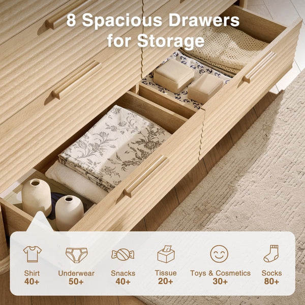 English Elm Fluted Wave Panel 7 Drawer Mdf Dresser Modern Bedroom Storage with Tv Stand Top Oak T5326P425100