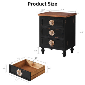 English Elm Vintage Farmhouse End Table with Floral Knobs 3-Drawer Rustic Nightstand Solid Wood Accents Antique Black,Walnut W3306P318870