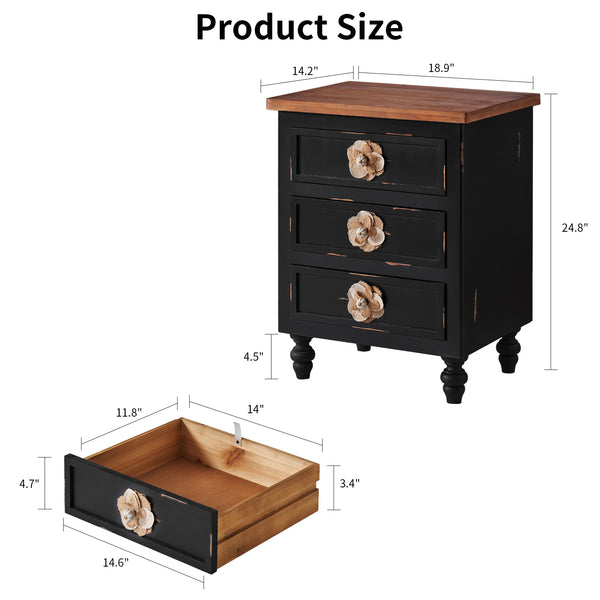 English Elm Vintage Farmhouse End Table with Floral Knobs 3-Drawer Rustic Nightstand Solid Wood Accents Antique Black,Walnut W3306P318870