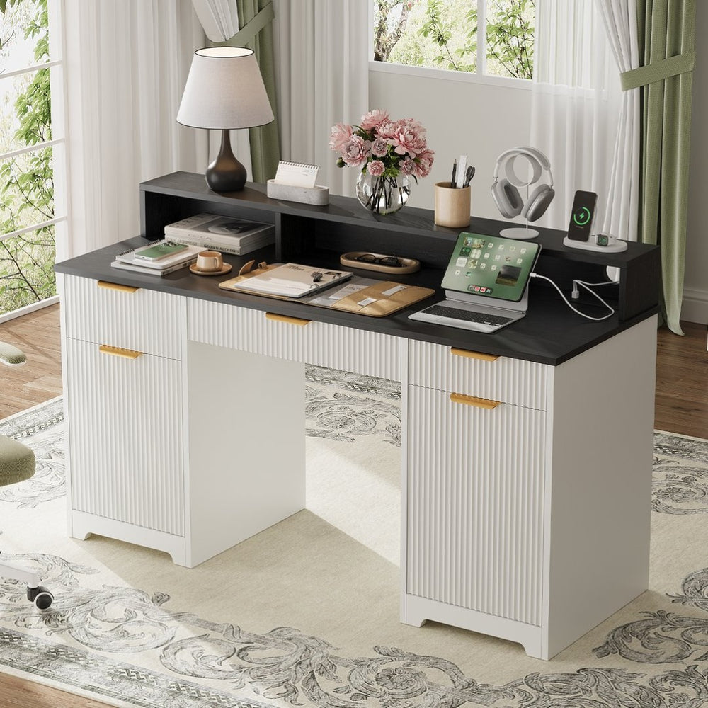 English Elm Executive Home Office Desk with Power Outlets Monitor Stand and File Storage T3773P417164