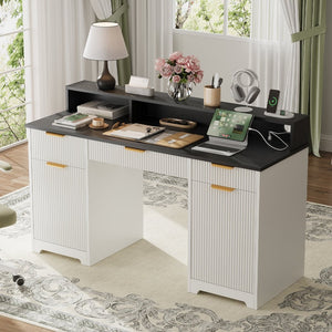 English Elm Executive Home Office Desk with Power Outlets Monitor Stand and File Storage T3773P417164