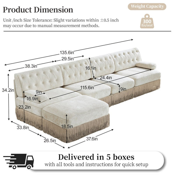 English Elm 135" Modular Velvet Sectional Sofa Chesterfield Tufted Tassel Skirt Living Room W714S01689