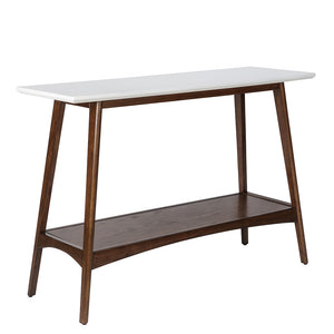 JLA Home Madison Park - Console Parker Mid-Century Entry Console with Off-White Top, Pecan Shelf, Tapered Legs, Storage MP120-0096