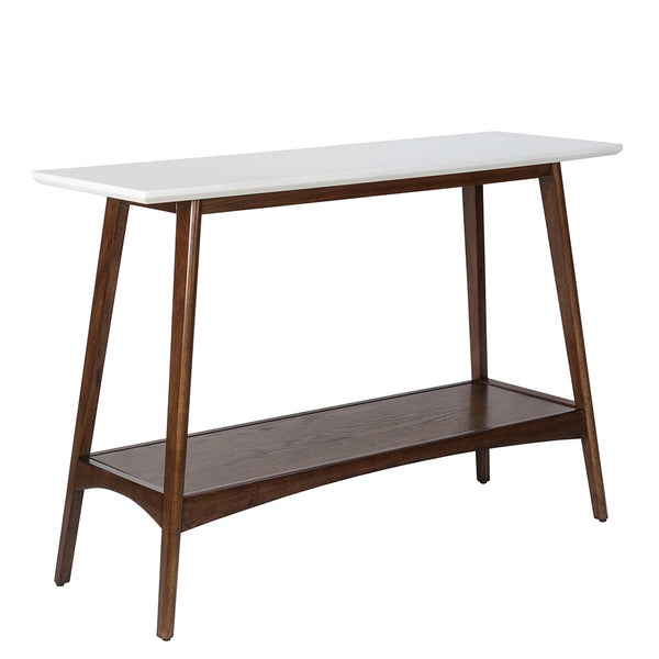 JLA Home Madison Park - Console Parker Mid-Century Entry Console with Off-White Top, Pecan Shelf, Tapered Legs, Storage MP120-0096