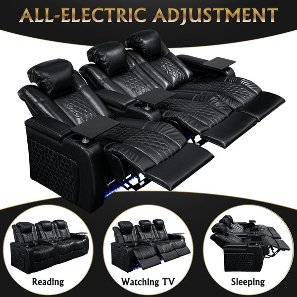 English Elm 93.3"power Recliner Set Nappa Leather Home Theater Rgb Lighting Usb Charging W3819S00093