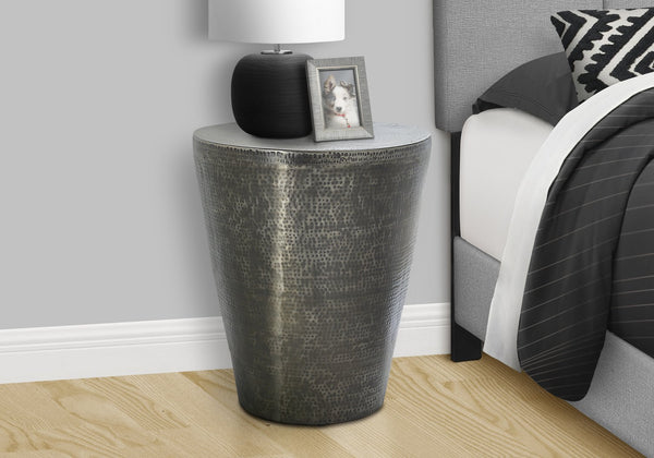 English Elm Accent Drum End Table with Hammered Metal Finish — 22" Handcrafted Cone Shape for Chic Living Spaces Silver 23 L x 23 W x 26 H B2710P219456