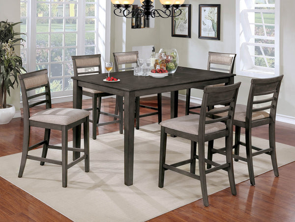 English Elm 7pc Counter Height Dining Set Weathered Gray & Beige Two-Tone 60" Table Padded Slat-Back Chairs B2741P384397