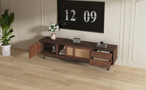 English Elm Mid Century Modern TV Stand with Rattan Sliding Doors, Solid Wood Legs, Drawers & Waterproof Top N710P257617P
