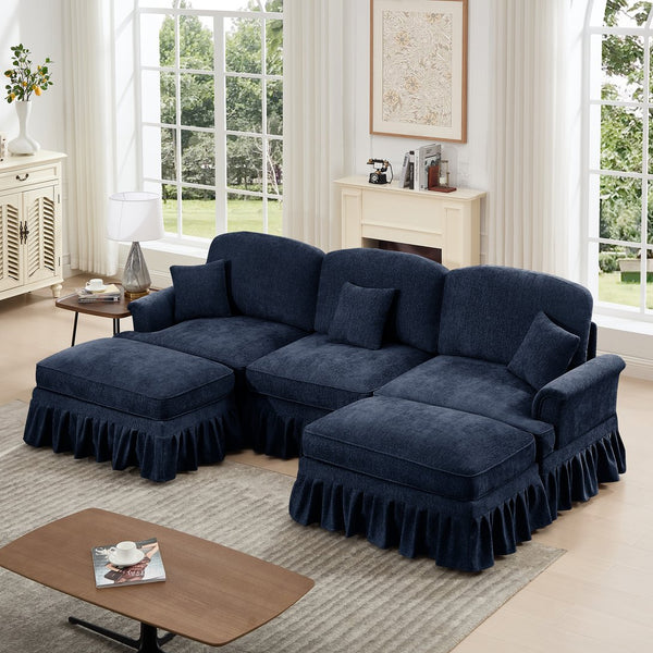 English Elm Classic Comfy Modular Sectional Sofa With Flared Arms, Removable Skirts & Movable Ottomans, Blue W3041S00257