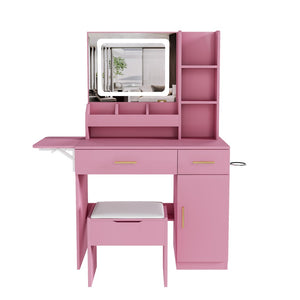 English Elm Vanity Desk with Led Mirror Power Station 3 Drawers Shelves and Makeup Stool W2700P342539