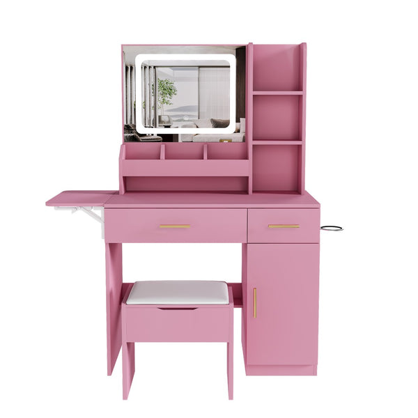 English Elm Vanity Desk with Led Mirror Power Station 3 Drawers Shelves and Makeup Stool W2700P342539