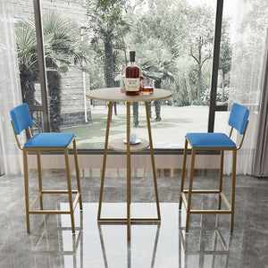 English Elm Bar Table and Chair Set Gold Frame Blue Velvet Cushions with Built-in Storage Shelf W3064P245389
