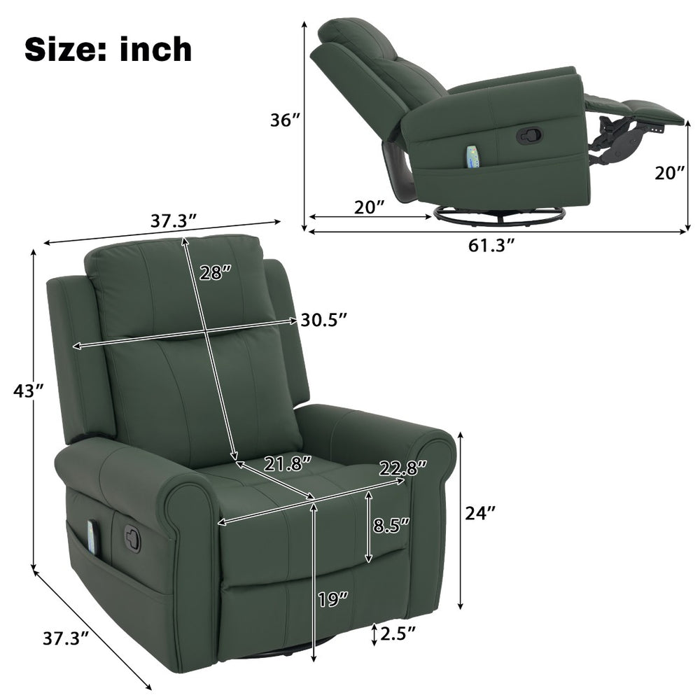 English Elm Manual Swivel Rocker Recliner Pu Leather Chair with Massage Heating and Pocket Spring Support Green N763P363558F