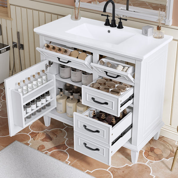 English Elm 36 Inch Bathroom Vanity - Modern Ceramic Sink, Solid Wood Frame, Adjustable Storage & Soft-Close Doors N725P336554K