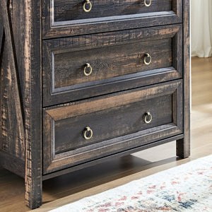 English Elm Farmhouse Tall Five Drawer Chest Rustic Oak Barn Door Style Organizer for Bedroom W2393P197394