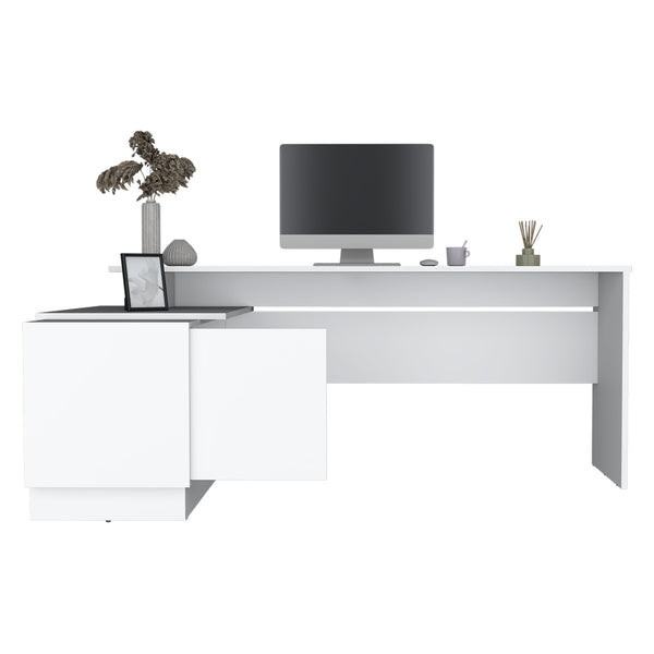 English Elm Emery L-Shaped Desk 70.5" Right-Wide Corner Workstation with Cabinet, Shelves, Sleek White Design B070S00338