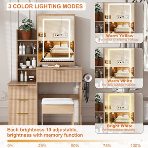English Elm Modern Makeup Vanity Desk with Led Lighting Four Drawers Mirror and Built-in Power Outlet Walnut W509P465831