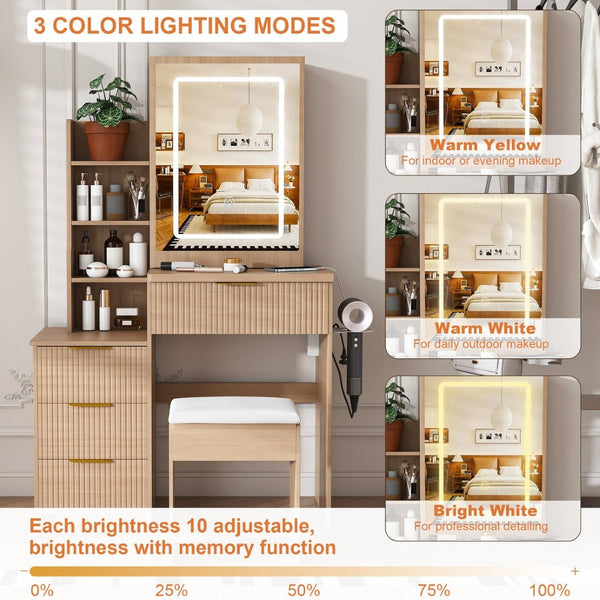English Elm Modern Makeup Vanity Desk with Led Lighting Four Drawers Mirror and Built-in Power Outlet Walnut W509P465831