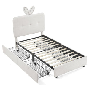 English Elm Twin Kids Boucle Upholstered Bed Rabbit Ear Headboard Led Lighting Four Storage Drawers Beige W1413P384921