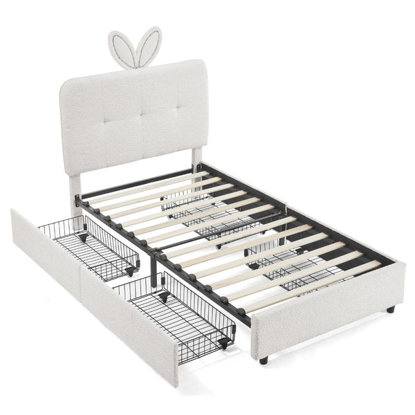 English Elm Twin Kids Boucle Upholstered Bed Rabbit Ear Headboard Led Lighting Four Storage Drawers Beige W1413P384921