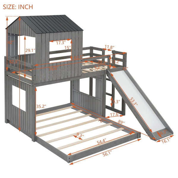 English Elm Wooden Twin Over Full Bunk Bed Farmhouse Playhouse Slide Pinewood Kids Loft LT000328AAE