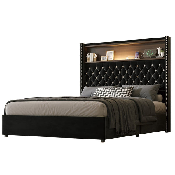 English Elm Full Velvet Wingback Platform Bed Tufted Headboard Shelf Usb Port Rivet Trim N733P368653B