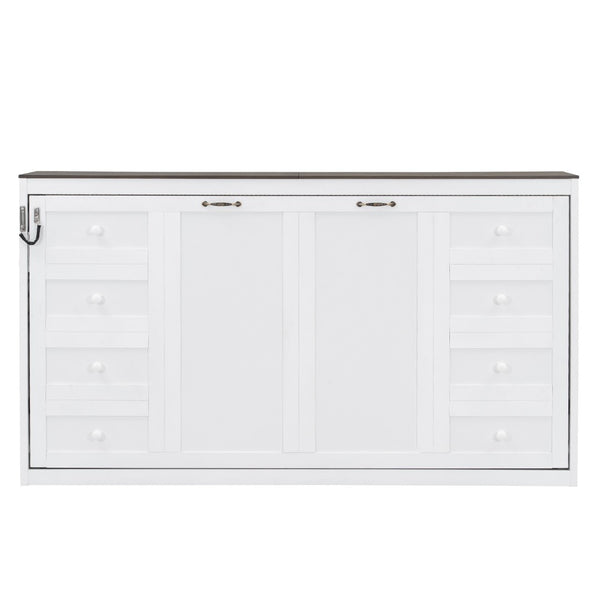 English Elm Twin Size Murphy Bed With Led Light – Stylish Space-Saving Wall Bed In White & Brown Cabinet Design N7090004013K-GIGA