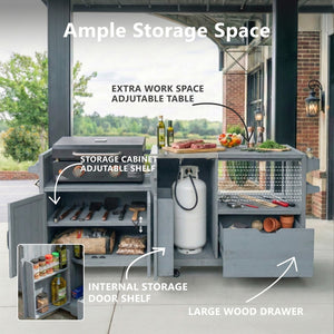 English Elm K&k 80.5 Inch Outdoor Kitchen Island Solid Fir Wood Stainless Steel Grill Cart Station Grey+Blue N707P392140G
