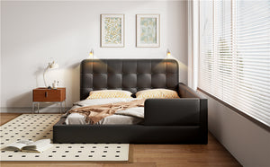 English Elm Queen PU Leather Upholstered Platform Bed with Built-In Dual Reading Lights and Sturdy 600lb Capacity Black SF000186AAB