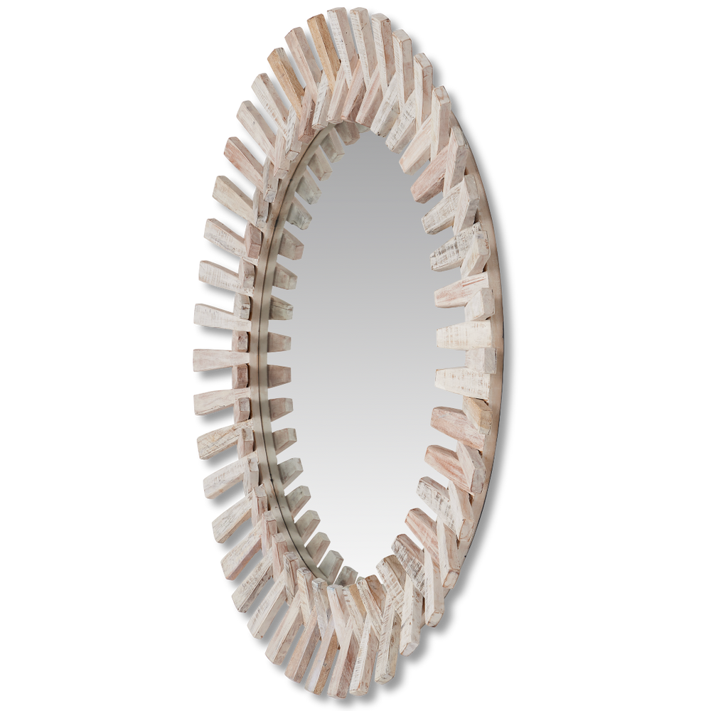 Diza Round Mirror - Bohemian Whitewashed Decor with Textured Wood and Unique Depth for Stylish Spaces