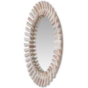 Diza Round Mirror - Bohemian Whitewashed Decor with Textured Wood and Unique Depth for Stylish Spaces