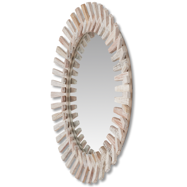 Diza Round Mirror - Bohemian Whitewashed Decor with Textured Wood and Unique Depth for Stylish Spaces