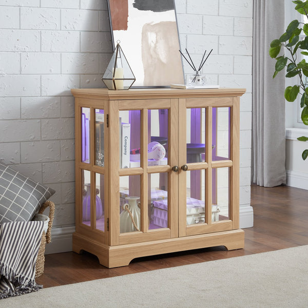 English Elm Led Curio Display Cabinet - Antique Oak Showcase With Adjustable Shelves, Remote & Lattice Doors For Home W2275P231692