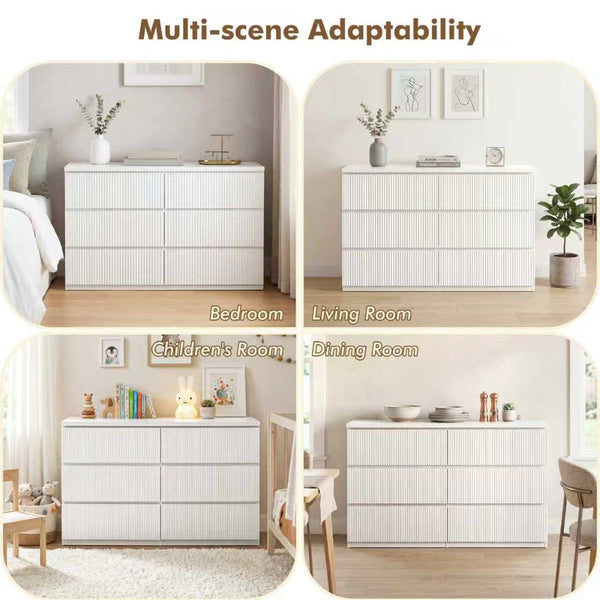 English Elm Modern Six Drawer Dresser with Wave Panel Fronts Handleless Design for Bedroom White W409P371358