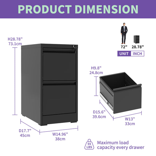 English Elm 2 Drawer Metal File Cabinet with Lock — Durable Steel Vertical Filing Unit, Anti-Tilt, Smooth Drawers, Adjustable Rails Black T2398P154414