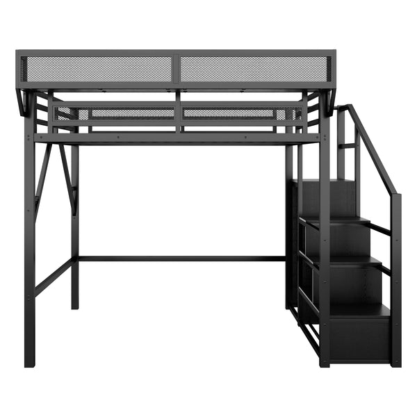 English Elm Full Size Loft Bed With Stairs And Storage Shelves – Stylish Black Metal High Loft Bed For Kids & Teens W2580S00037