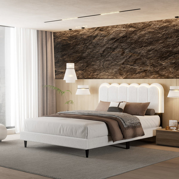 English Elm Christopher Knight Home® - Lambswool Petal Headboard Bed Frame In Cream – Elegant, Soft Design With Ambient Light For Queen Size N769P272030W