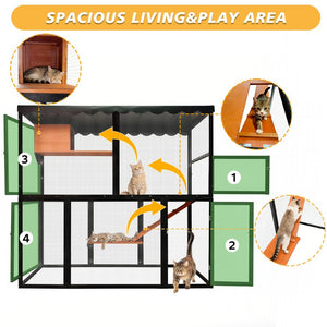 English Elm Wooden Walk-in Catio Enclosure for Multiple Cats with 4 Tier Levels and Waterproof Roof W3166P442040