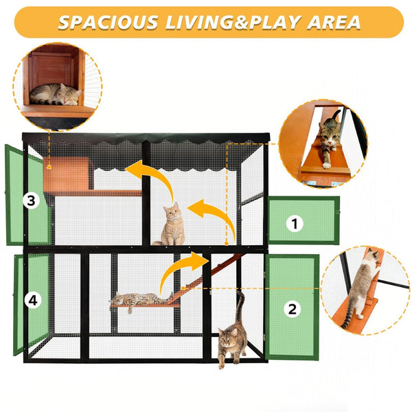 English Elm Wooden Walk-in Catio Enclosure for Multiple Cats with 4 Tier Levels and Waterproof Roof W3166P442040