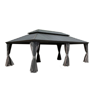 English Elm 14x24FT Hardtop Gazebo Outdoor Pavilion with Galvanized Double Roof, Aluminum Frame, Built-In Gutter System, Curtains and Mesh for Patio Garden Grey W1859S00108