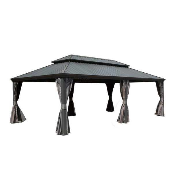 English Elm 14x24FT Hardtop Gazebo Outdoor Pavilion with Galvanized Double Roof, Aluminum Frame, Built-In Gutter System, Curtains and Mesh for Patio Garden Grey W1859S00108