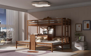 English Elm Twin Triple Bunk Bed with Built in Desk Open Shelving and Led Task Lighting Natural N7090002243N